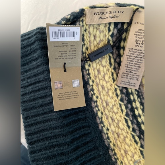 NWT BURBERRY FAIR ISLE BEANIE HAT CASHMERE / WOOL - GREEN / CREAM / TAN - Picture 8 of 11